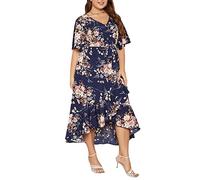 Keluummi Plus Size Wedding Guest Maxi Dress for Curvy Women, Summer Casual Boho Floral Long Wrap Dress with Sleeve and Pocket, 04 - Navy Blue Floral, 22 Plus