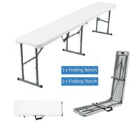 Kelvenix [1x 6ft Folding Table]+[2x Bench] CAMPING FOLDING TRESTLE TABLE in White Kelvenix White