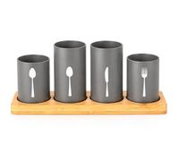 Kelvenix 4Pcs Matt Grey Cutlery Pot Set, Bamboo Stand Tableware Storage Holder Kelvenix Grey