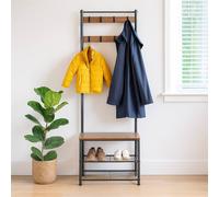 Kelvenix Steel Coat Rack & Shoe Storage Bench, 9 Hooks Hat Stand in Brown Kelvenix Brown