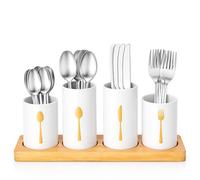 Kelvenix White 4Pcs Matt Cutlery Pot Set, Bamboo Stand Storage Holder Kelvenix White