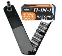 KELVIN Tools Compact Ratchet - Right Angled Ratchet Socket and Screwdriver Set - Mini Pocket Ratcheting Socket Set and Screwdriver, 90 Degree for Tight Spaces, 11 in 1 Impact, Black