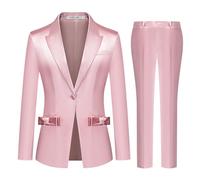Kelyaa Women's 2 Piece Satin Suit Double Side Bows One Button Peaked Lapel Outfits Party Wedding Blazer Jackets and Pants Set, Pink, S