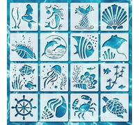 Kemay 16PCS Reusable Stencils for Painting on Wood and Walls, Template with Marine Animal Patterns, Washable PET Templates for Canvas, Fabric, Furniture and DIY Home Decor, Ideal for Kids and Adults
