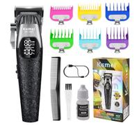 KEMEI 1387 Professional Cordless Hair Clipper for Men Barber Hair Trimmer | R-Shape Carbon Steel Blade,7500-8000RPM,LED Display,2000mAh,180Mins Runtime,6 Guide Combs,Complete Barber Kit for Home Salon
