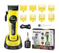 KEMEI 1593 Professional Hair Clipper for Men, Cordless Hair Clipper with Charging Base & LED Display, Hypoallergenic Blade, Powerful 8000RPM Motor, 8 Guide Combs, for Home & Barber Use (Yellow)