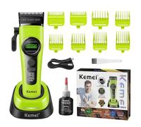 KEMEI 1593 Professional Hair Clipper for Men, Cordless & LED Display, Green | 8000RPM Motor, Hypoallergenic Blade, 8 Guide Combs, with Charging Base, for Barber & Home Use