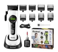 KEMEI 1593 Professional Hair Clipper for Men, Cordless & LED Display, White | 8000RPM Motor, Hypoallergenic Blade, 8 Guide Combs, with Charging Base, for Barber & Home Use