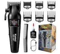 KEMEI 1667 Professional Men Hair & Beard Clipper, Skin-Friendly Ceramic T-Blade Cordless Trimmer, 9000RPM Motor with LED Display, Long Lasting Battery, 6 Guide Combs for Home Salon Barber, Black