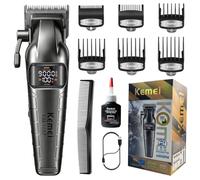 KEMEI 1667 Professional Men Hair & Beard Clipper, Skin-Friendly Ceramic T-Blade Cordless Trimmer, 9000RPM Motor with LED Display, Long Lasting Battery, 6 Guide Combs for Home Salon Barber, Grey