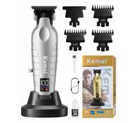 KEMEI 2499 Professional Beard/Hair Trimmer for Men, Silver | Skin Friendly T Blade Trimmer, Cordless Clippers, Charging Base, 7000RPM Powerful Motor, LED Display, for Home & Barber Use