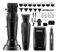 KEMEI Professional Hair Clippers for Men, Cordless Barber Clipper Beard Trimmer Foil Shaver Nose Eyebrow Ear Trimmer Set, USB Charging Complete Electric Hair Cutting Kit with 11 Guide Combs