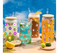 KEMEILA 16oz/20oz Custom Hawaiian Glass Can W/Face for Women, Personalized Funny Cute Iced Coffee Cup with Photo, Summer Can Shape Glass Cup for Besties Sister Colleague (Style 13)