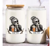 KEMEILA Personalized Glass Can Cup Gifts for Skull Lovers - Custom Name Glass Cup 16 Oz for Her with Lids and Straws - Ideal Gothic Gifts for Women, Girls, Daughter On Birthday Christmas