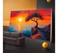 KEMEIQI 3D Texture Natural Landscape Art Poster Print Sea Sunset Cliff Lone Tree Aesthetic Art Canvas Painting Living Room Decor(60x120cm/Frameless)