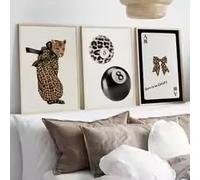KEMEIQI 3pcs Modern Gorgeous Canvas Wall,Leopard and Bow Tie Playing Card Printing,Indoor Poster Living Room and Bedroom Decor(80x160cmx3/Frameless)