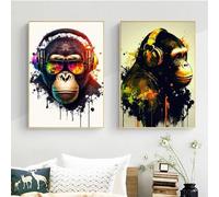 KEMEIQI Abstract Animal Graffiti DJ Music Monkey Poster Printing @Canvas Painting Wall Art Pictures for Living Room Home Decor 80x120cmx2 Frameless