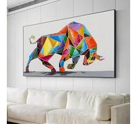 KEMEIQI Abstract Colorful Bull Oil Painting on Canvas Large Nature Strong Animal Painting Modern Wall Art Living Room Home Decor 55x110cm Frameless