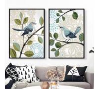 KEMEIQI Abstract Flower Green Leaves Lovely Blue Birds Animal Print Canvas Painting Pastoral Poster Wall Art Pictures Home Decor 30x50cmx2 Frameless