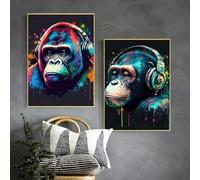 KEMEIQI Canvas Painting Animal Watercolor Cool Monkey Headphone Dj Music Poster Prints Wall Art Pictures for Living Room Decor 80x120cmx2 Frameless