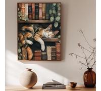 KEMEIQI Cute Cat and Book Poster Victorian Moody Bookish Stack Books Canvas Painting Wall for Dark Academia Library Home Decor(30x50cm)