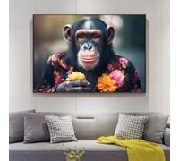 KEMEIQI Cute Monkey Flower Poster and Prints Modern Fun Animal Lion Canvas Wall Art Picture for Living Room Home Decoration 70x100cm Frameless