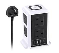 Kemelo Tower Extension Lead with 4 USB Slots, 5M Extension Lead with 8 Way Plug Extension Tower, Surge Protected Extension Lead with Switch,Multi Socket Extension Cord for Home, Office