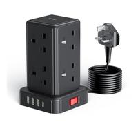 Kemelo Tower Extension Lead with 8 Way Multi Plug Extension Tower & 4 USB Ports (13A),Mini Power Strip with Switch, 5M Extension Cable Surge Protection Extension Lead for Home, Kitchen,Office