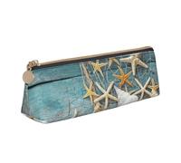 KemEng Beach Themed Conch Shell Starfish & Fishing Net, Pencil Pouch Triangle Pen Case Portable Leather Pencil Bag with Zipper Cosmetic Pouch Bag
