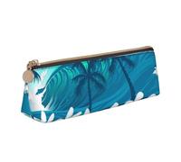 KemEng Blue Tropical Surfing with Palm Trees, Pencil Pouch Triangle Pen Case Portable Leather Pencil Bag with Zipper Cosmetic Pouch Bag