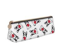KemEng Cartoon Heart French Bulldog Valentine, Pencil Pouch Triangle Pen Case Portable Leather Pencil Bag with Zipper Cosmetic Pouch Bag