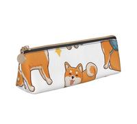 KemEng Cute Funny Shiba Inu, Pencil Pouch Triangle Pen Case Portable Leather Pencil Bag with Zipper Cosmetic Pouch Bag