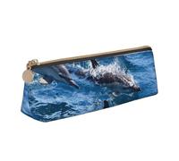 KemEng Dolphins in The Sea, Pencil Pouch Triangle Pen Case Portable Leather Pencil Bag with Zipper Cosmetic Pouch Bag