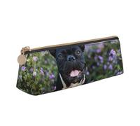 KemEng French Bulldog Stands in Flowers Design, Pencil Pouch Triangle Pen Case Portable Leather Pencil Bag with Zipper Cosmetic Pouch Bag