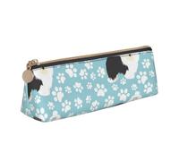 KemEng Old English Sheepdog Background with Hand Drawn Paws Cute Cartoon, Pencil Pouch Triangle Pen Case Portable Leather Pencil Bag with Zipper Cosmetic Pouch Bag