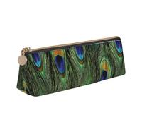 KemEng Peacock Tail Feathers, Pencil Pouch Triangle Pen Case Portable Leather Pencil Bag with Zipper Cosmetic Pouch Bag