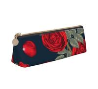 KemEng Red Roses Flowers, Pencil Pouch Triangle Pen Case Portable Leather Pencil Bag with Zipper Cosmetic Pouch Bag