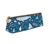 KemEng Smiling Shark Sea Animals Fishes Starfish Blue, Pencil Pouch Triangle Pen Case Portable Leather Pencil Bag with Zipper Cosmetic Pouch Bag