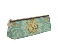 KemEng Soft Sage Green and Gold Celtic Mandala, Pencil Pouch Triangle Pen Case Portable Leather Pencil Bag with Zipper Cosmetic Pouch Bag