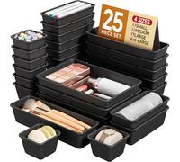 KEMETHY 25 PCS Plastic Drawer Organizers Set, 4 Sizes Vanity Organizer, Makeup and Desk Drawer Organizer Trays, Organization and Storage for Makeup, Bathroom, Kitchen Utensils and Office (Black)