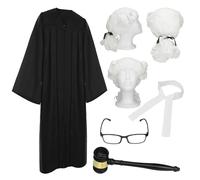 KEMGT 5 Pcs Judge Costume Set, Courtroom Fancy Dress with Wig and Gavel | Black Robe, White Wig, False Collar, Glasses and Prop Gavel for Halloween, Theatre and Role Play