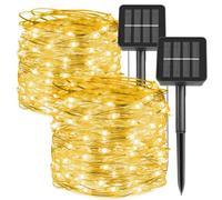 Kemooie 2 Packs Solar String Lights, 100 LED 33FT 8 Twinkle Modes Silver Wire Waterproof Outdoor Tree Lights, Garden, Christmas Lights (Warm White)