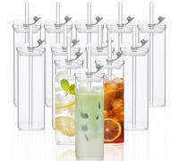 KEMORELA 12 Pack Large Square Glass Tumblers with Lids & Straws, 500ml Drinking Glasses for Iced Coffee, Smoothies, Juices & Cocktails - Durable Reusable Glassware for Everyday & Party Use