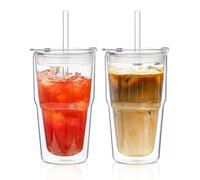 KEMORELA 2 Pack 16oz (480ml) Double Wall Glass Cups with Lids & Straws, Insulated Borosilicate Glass Coffee & Matcha Cups for Daily Use, Reusable Glass Drinkware
