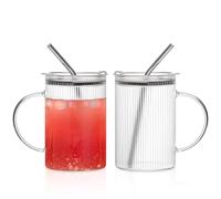 KEMORELA 2-Pack 1L Ribbed Glass Tumbler with Handle & Lid - Iced Coffee Cup, Smoothies, Cocktails & Juice, Heat & Cold Resistant, Lead-Free & Dishwasher Safe