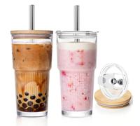 KEMORELA 2-Pack 20oz/600ml Ribbed Glass Tumblers with 2-in-1 Leak-Proof Lids & 13mm Stainless Steel Straws - Reusable Drinking Cups for Iced Coffee, Boba, Smoothies, Cold & Hot Drinks, Travel Cups