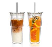 KEMORELA 2-Pack 20oz Ribbed Double Wall Glass Cups with Lids & Straws - Insulated Iced Coffee, Matcha, Smoothies & Bubble Tea Cups - Reusable Clear Glass Tumblers