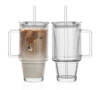 KEMORELA 2-Pack 24 Oz Ribbed Glass Tumblers with Lids and Straws, Handle Iced Coffee Cups, Clear Reusable Drinkware for Smoothies, Cold Beverages - Dishwasher Safe (2)