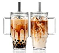 KEMORELA 2-Pack 24oz/710ml Clear Glass Tumblers with Handle, Leak-Proof Lid & 13mm Stainless Steel Straw - Wide-Mouth Reusable Cups for Boba, Smoothies, Iced Coffee, Juice & Hot Drinks