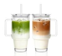 KEMORELA 2 Pack 24oz / 710ml Ribbed Glass Tumblers with Handle, Lids & Straws - Iced Coffee Cup, Glass Tumbler with Straw and Lid, Reusable Travel Cup for Smoothies & Drinks